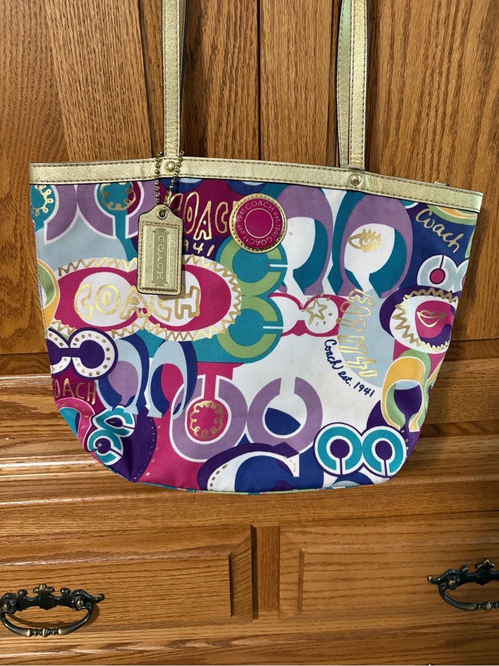 Coach Multicolor Graphic Logo Tote with Gold Accents